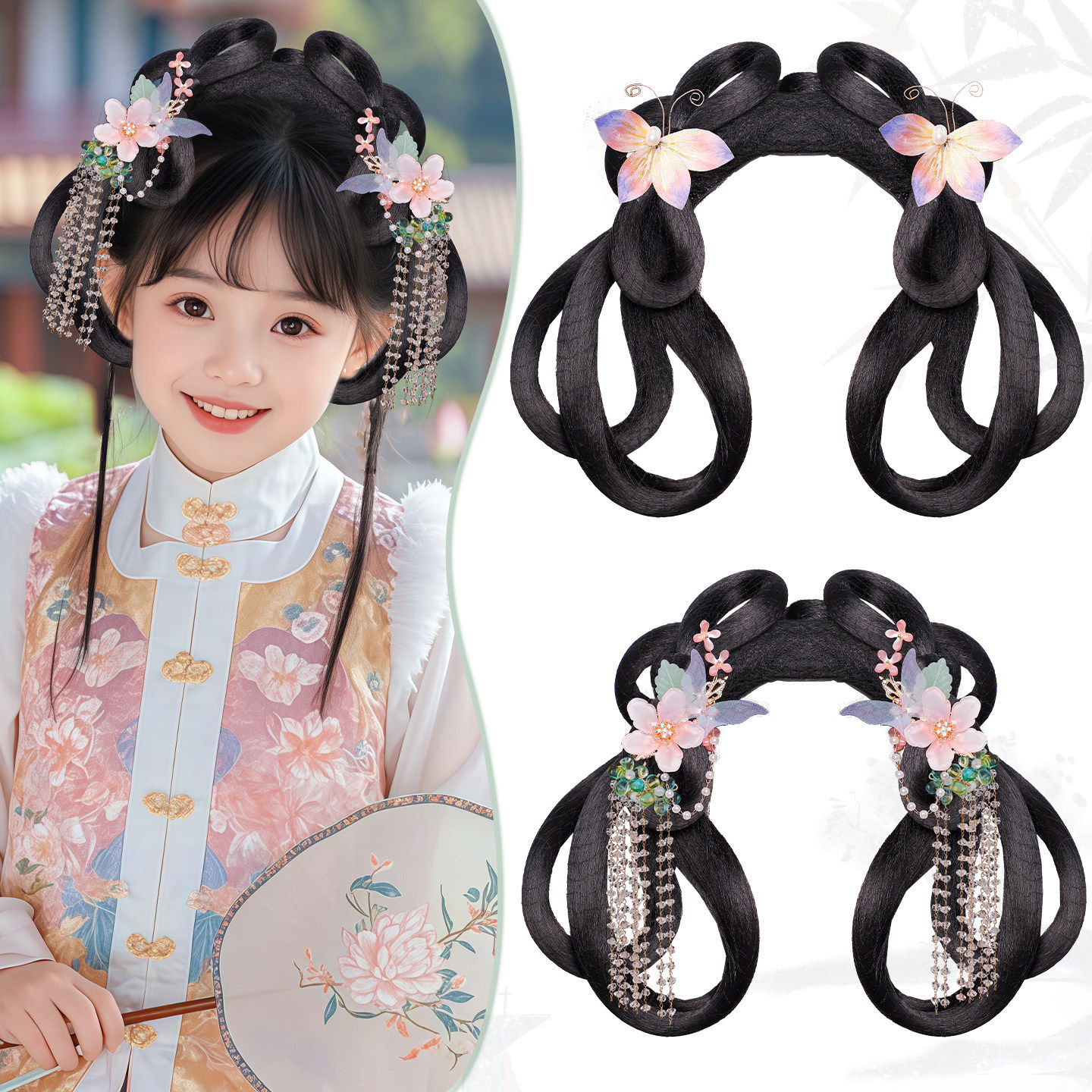 女童古风汉服假发髻盘发发包一体式全套可爱花朵百搭头饰演出造型,美发护发/假发,演出假发,淘宝优惠券,粉丝福利购,淘宝优惠卷