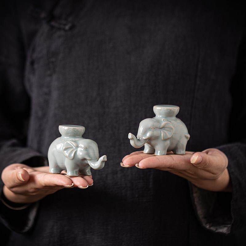 汝窑茶器盖置茶宠摆件陶瓷盖碗紫砂壶盖托 托精品可养茶配件小象