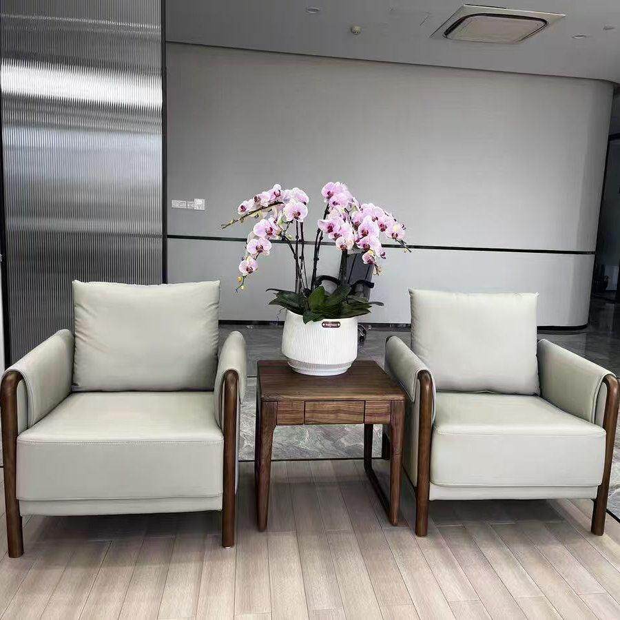 现代新中式贵宾接待室会议沙发单人办公室会客厅商务洽谈实木茶几