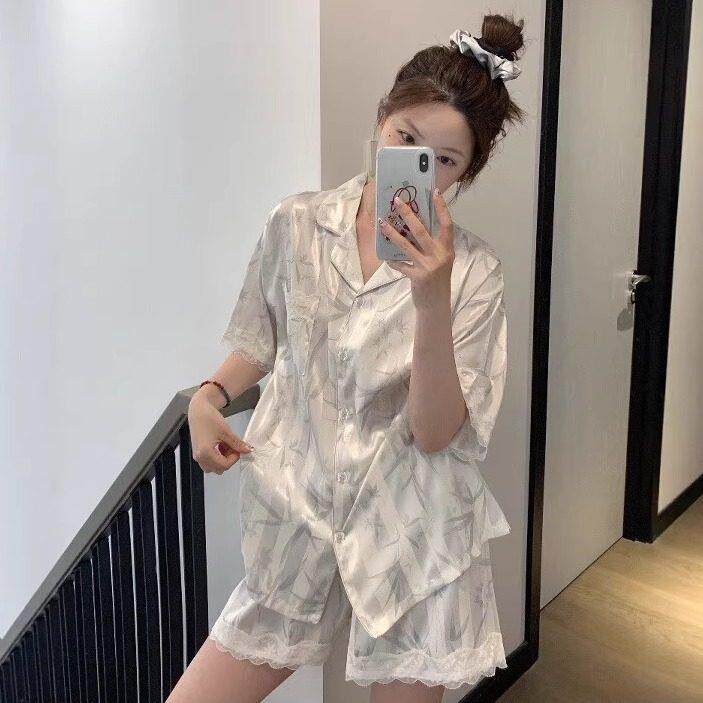 2025超火条纹冰丝睡衣短袖短裤套装女款可外穿新款国风竹子家居服
