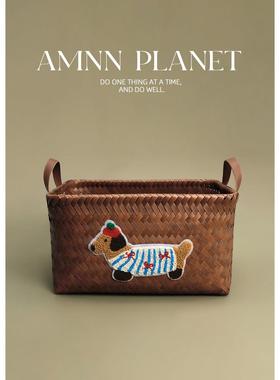 AMNN 复古条纹腊肠狗收纳筐手工编织高颜值家用浴室大容量脏衣篓