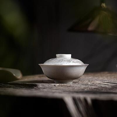 水墨白志野窑变陶瓷盖碗侘寂复古风一人家用手抓小碗壶承功夫茶具