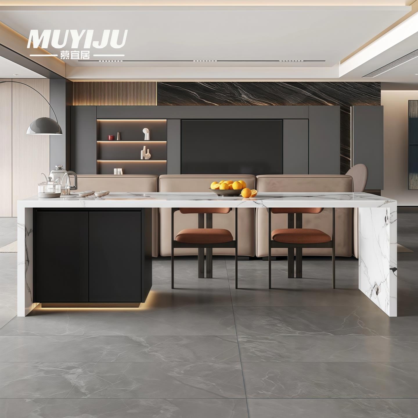 齐平岩板岛台餐桌一体家用厨房中导台客厅意式轻奢高端定制吧台桌