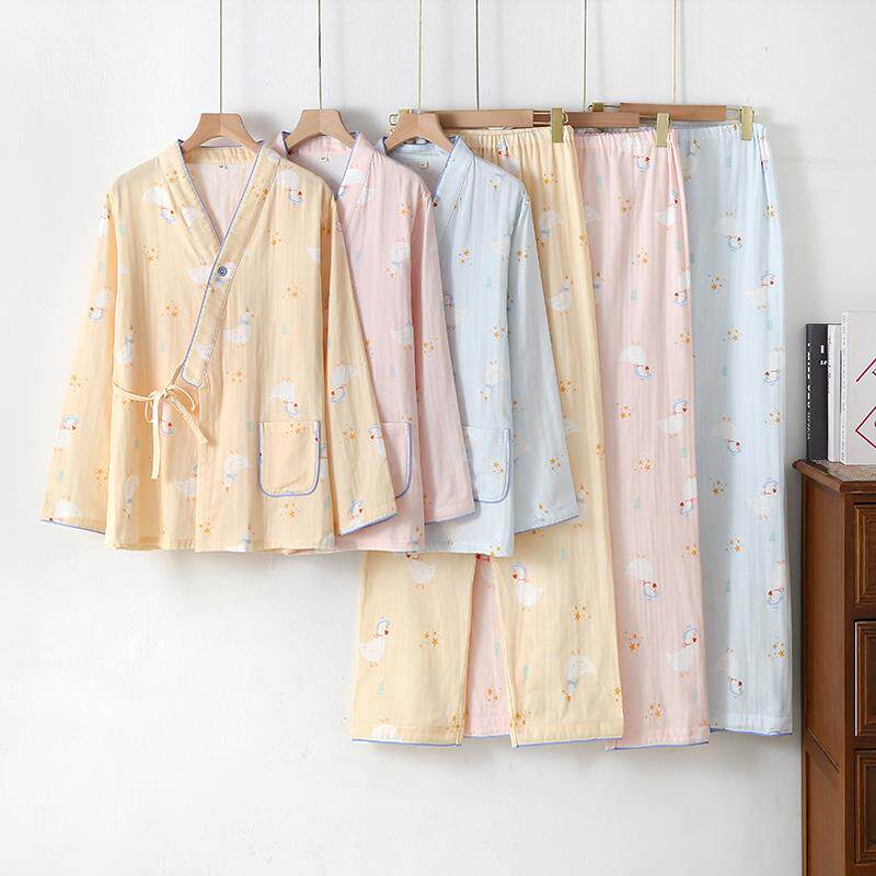 春秋纯棉月子服双层纱布哺乳和服套装产后可调节孕妇睡衣待产大尺