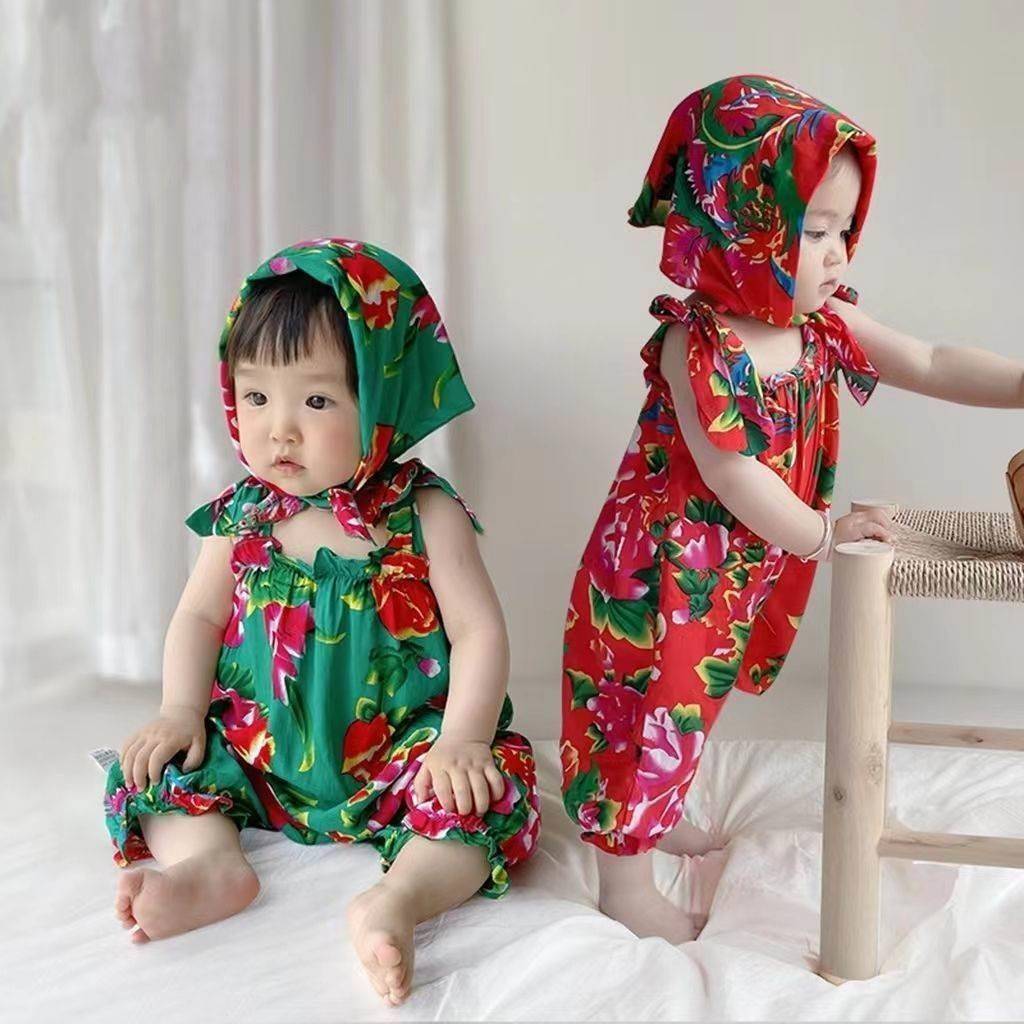 婴儿衣服东北大花男童女孩夏季网红睡衣夏装两件套宝宝衣服套装薄