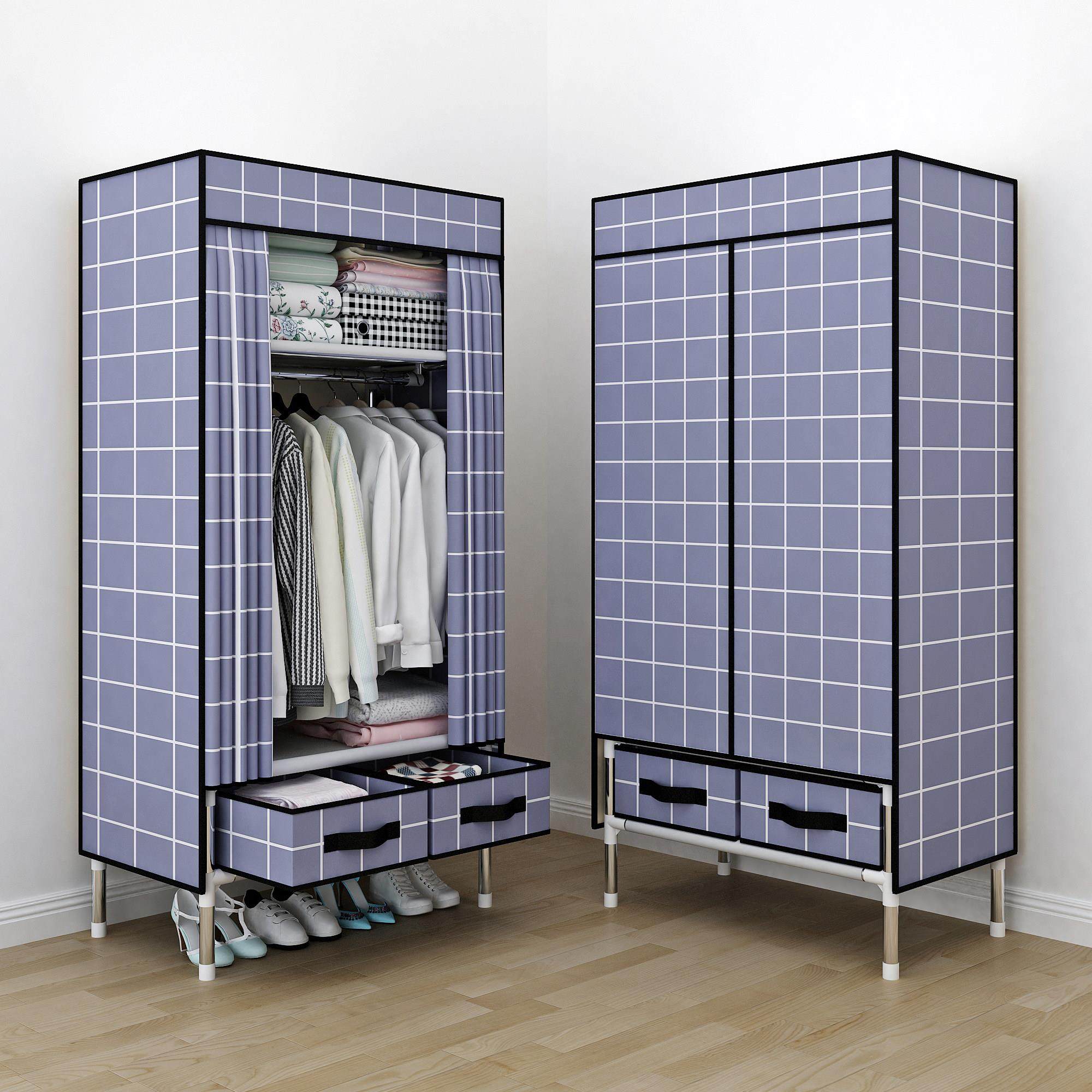 衣柜家用简易布衣柜全钢架组装出租房用卧室钢管加粗加固现代