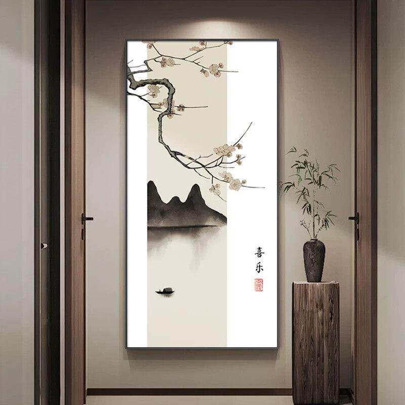 新中式花鸟玄关装饰画中国风水墨山水画走廊过道墙面装饰壁画挂画