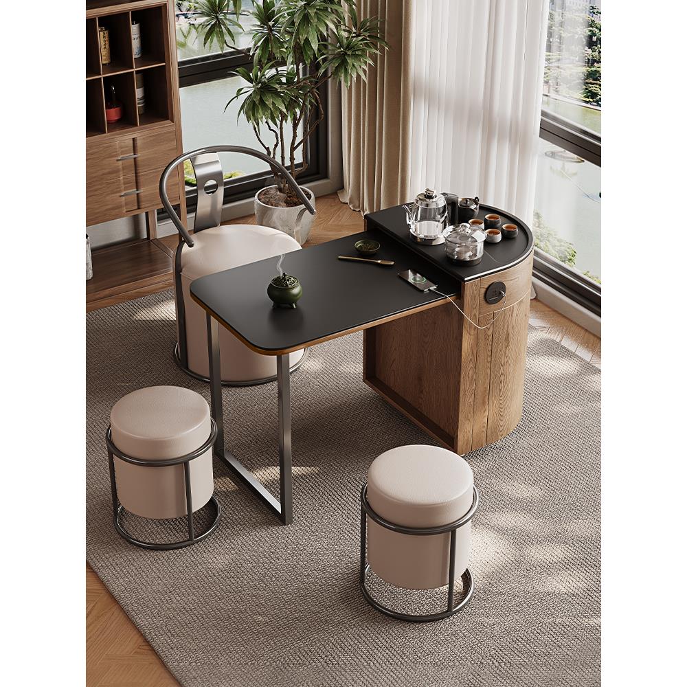 中古风阳台小茶桌可移动折叠家用小型茶车烧水壶一体岩板茶台组合