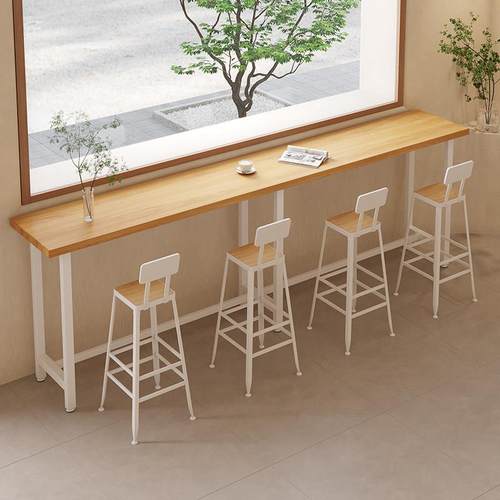 靠墙实木高脚吧台桌奶茶店餐厅长条小窄桌子商用靠窗桌椅组合1202