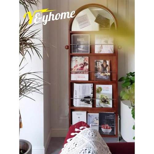 家用报刊架中古风实木落地杂志展示收纳架覆古可移动旋转全身镜子