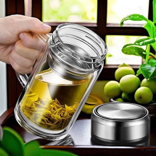 钢化保温玻璃杯新款双层把手定制智能男士商务办公有手柄泡茶水杯