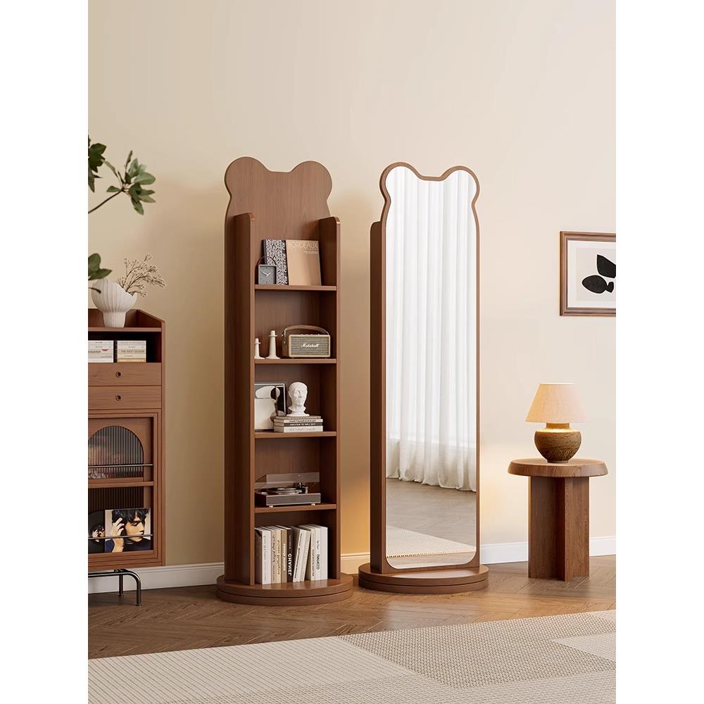 小熊书架旋转穿衣镜全身镜落地镜杂志镜报刊书架一体镜储物试衣镜