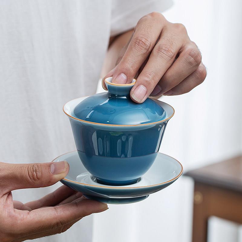 陶瓷三才盖碗功夫茶具湛蓝纯色简约小号马蹄泡茶碗家用单个可悬停