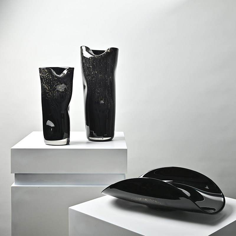 轻奢风凹面大口黑金玻璃花瓶样板间高档质感台面琉璃花器装饰果盘,家居饰品,花瓶,淘宝优惠券,粉丝福利购,淘宝优惠卷