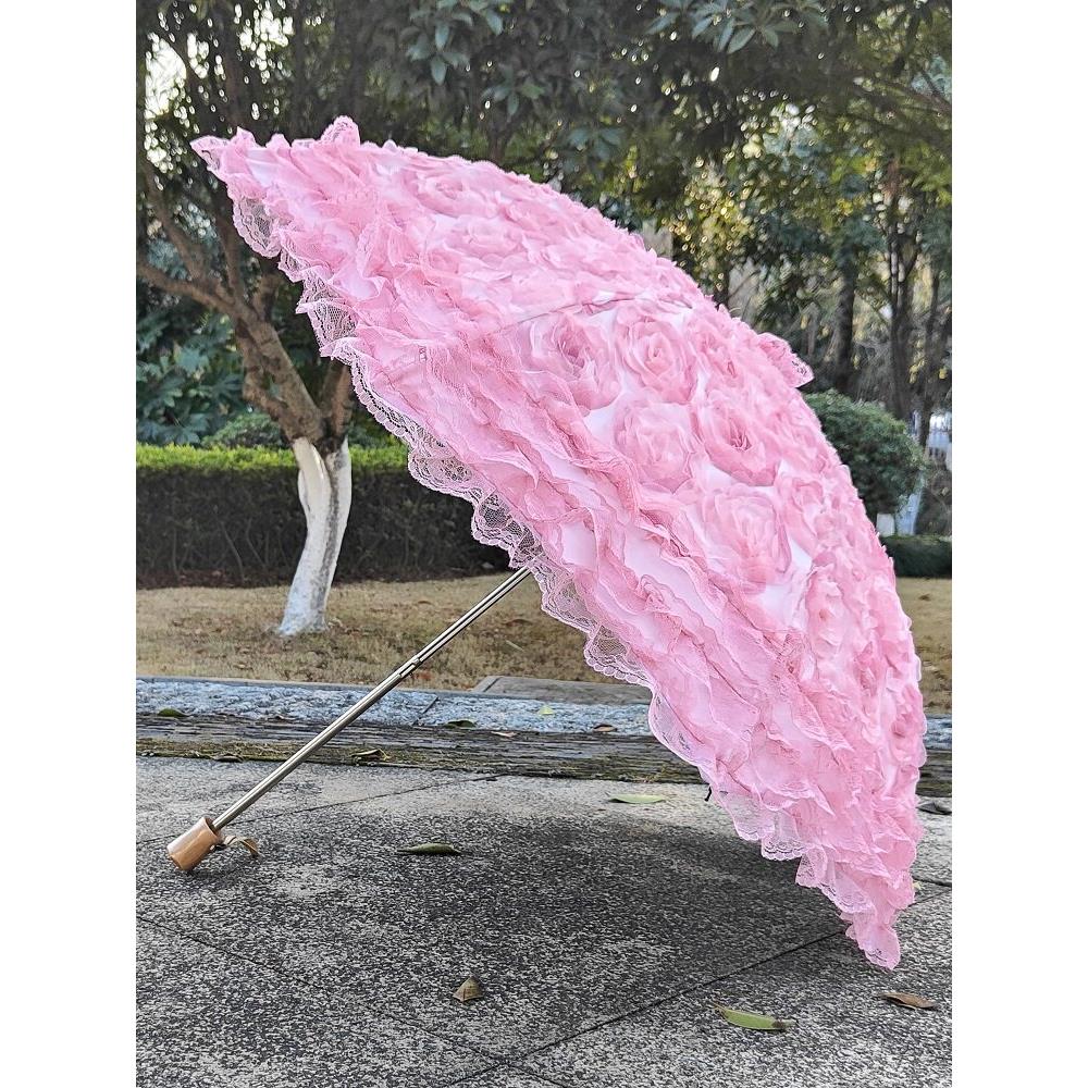 粉色立体花蕾丝遮阳伞乙烯基防晒遮阳伞紫外线防护雨或晴公主伞80