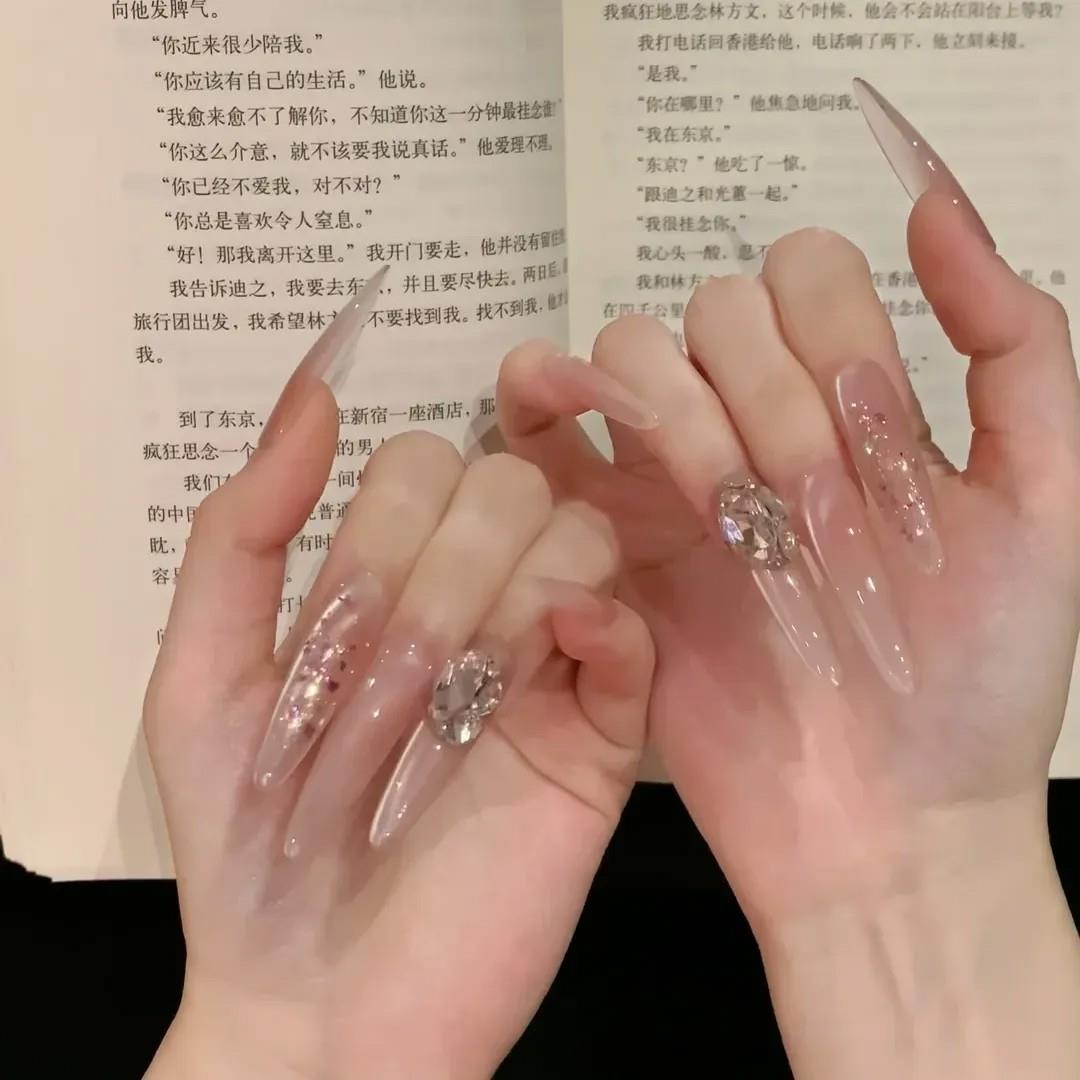 冰透裸粉色猫眼美甲贴片爆闪堆钻轻奢蜜桃冰茶纯手工穿戴甲显白