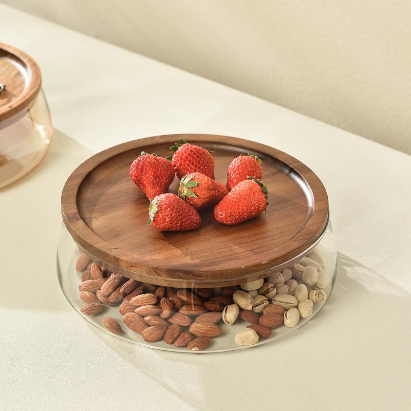 水果盘家用客厅玻璃北欧双层带盖子糖果干果客厅茶几相思木收纳盒