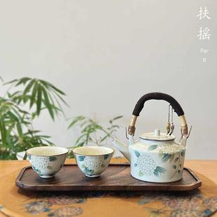 扶摇米黄汝窑竹编提梁壶绣球花茶壶泡茶功夫开片陶瓷壶单壶大容量