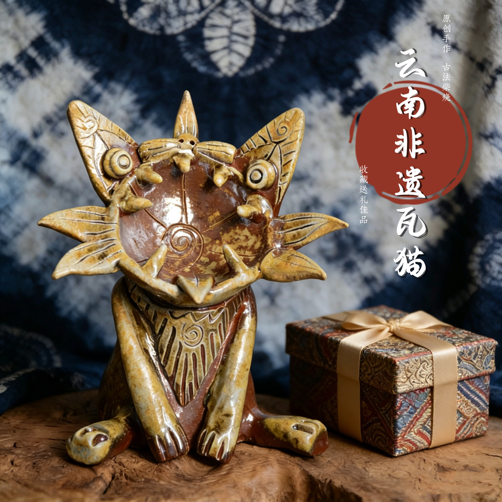 云南大理丽江瓦猫摆件 镇宅招财猫家居办公室玄关装饰品新业礼品