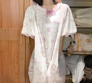 玛丽猫图案可爱粉白色新款2026睡裙甜美长款花边夏季亲肤