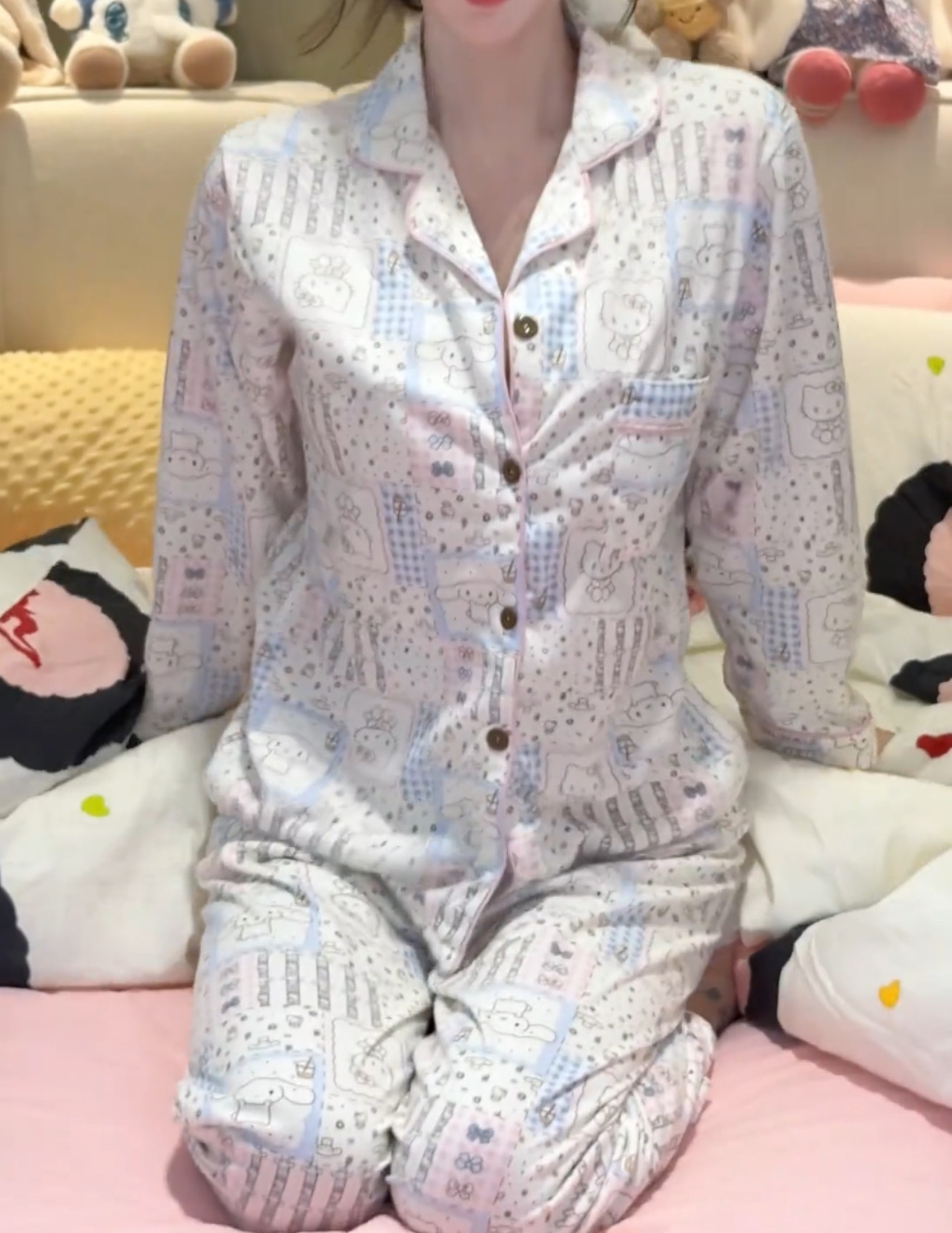 卡通图案猫咪狗狗可爱家居服套装新款秋冬季长袖条纹睡衣女