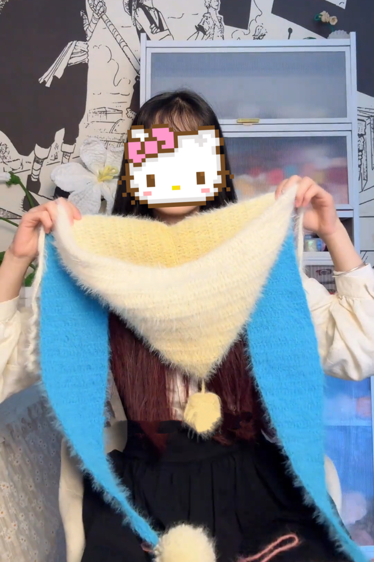 长绒毛线撞色编织帽子新款2025帽子围巾一体可爱DIY材料包毛线