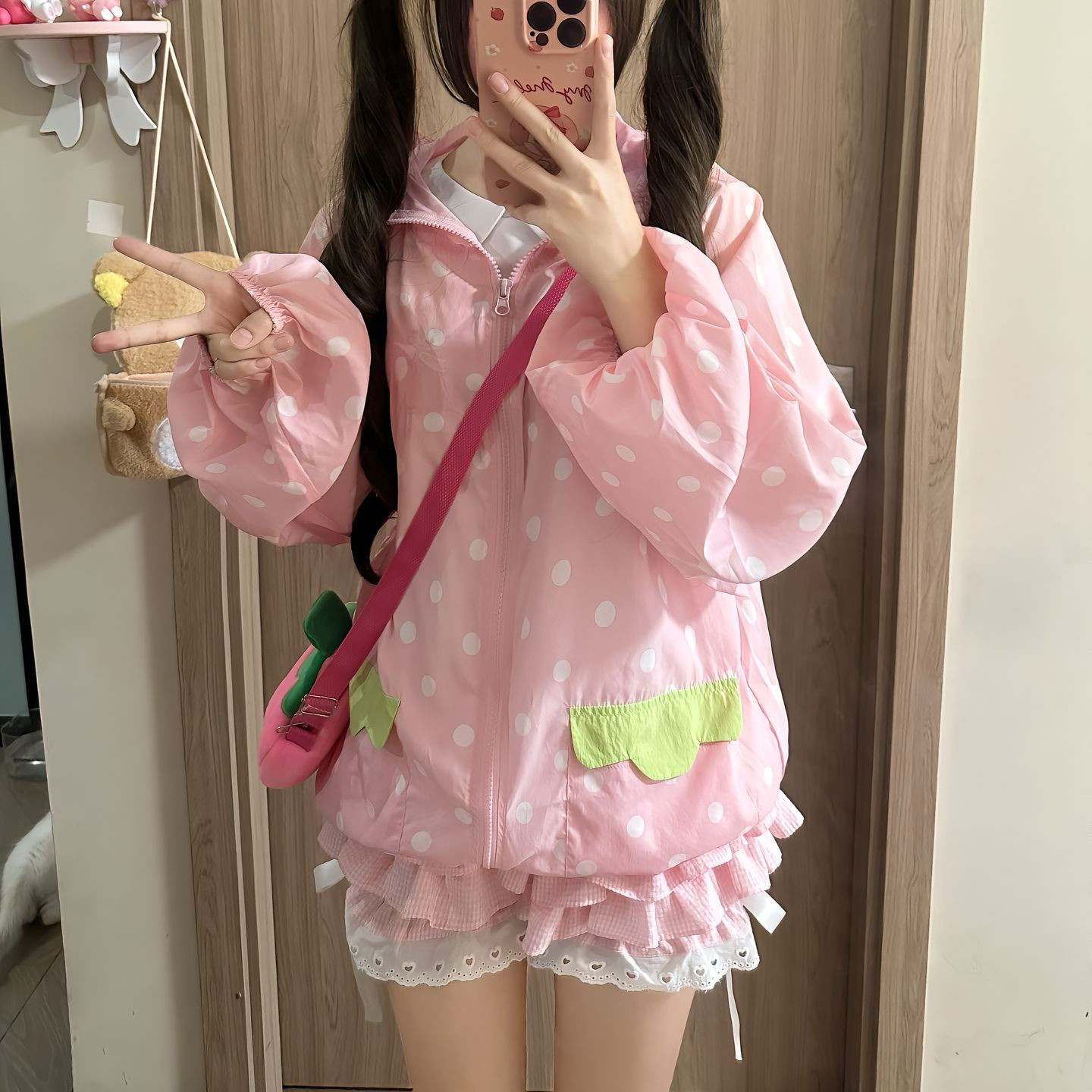 草莓可爱波点防晒衣连帽抽绳甜美系夏季防晒薄款宽松防紫外线