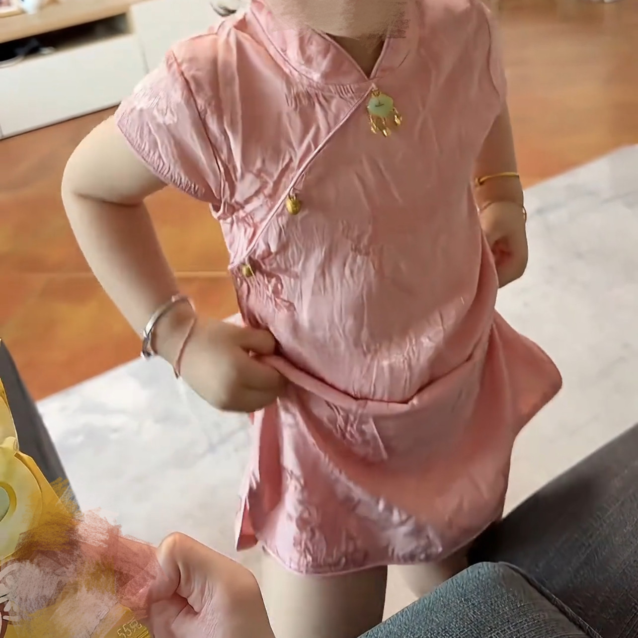 粉色蝴蝶印花旗袍裙女童夏季立领短袖粉色裙子新中式可爱短裙
