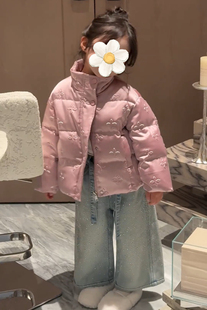 粉色羽绒服上衣新款甜美系立体印花可爱立领外套保暖防风防寒冬季