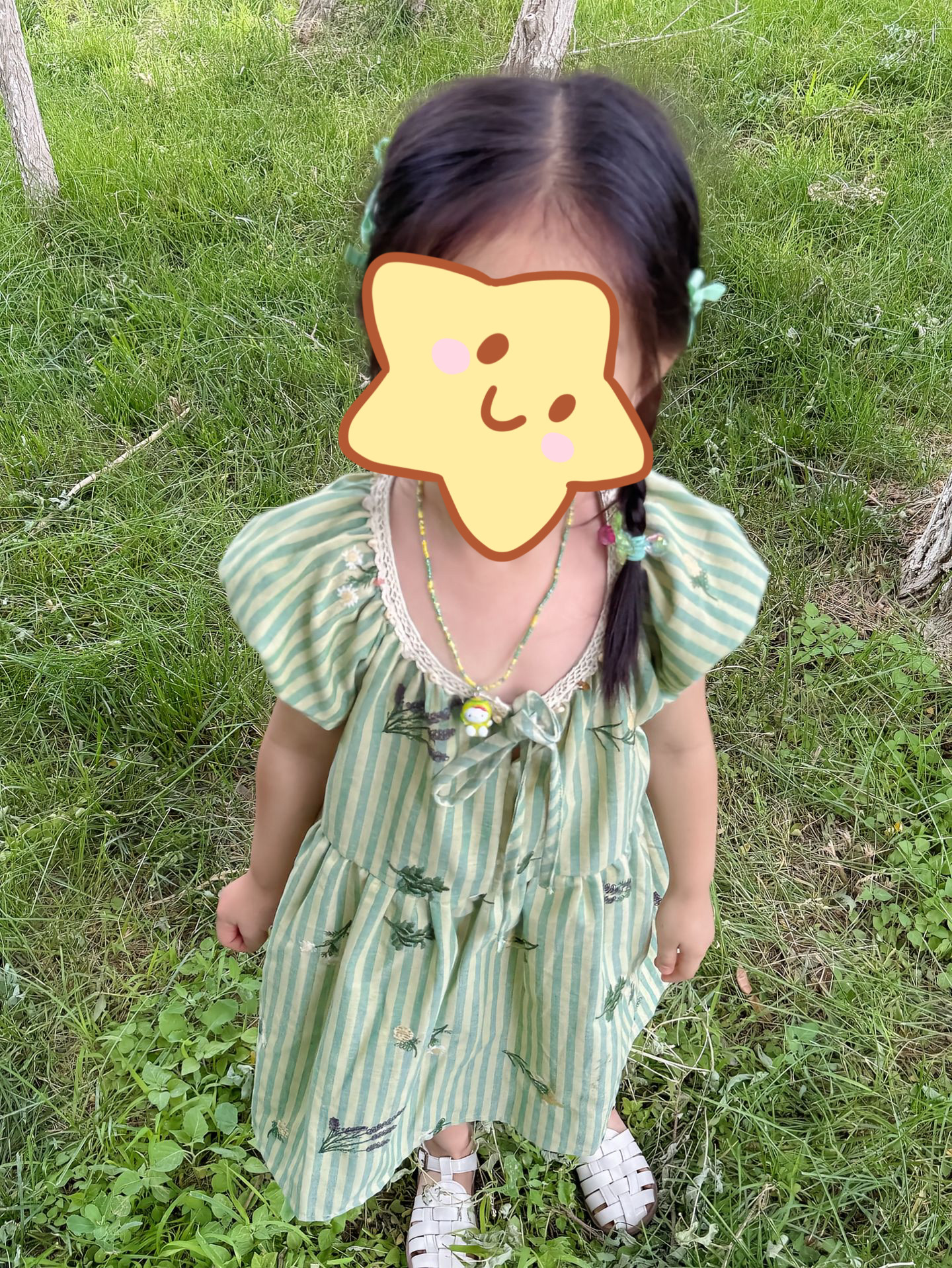 绿色条纹碎花连衣裙儿童气质时尚洋气短款圆领系带裙子森系