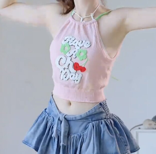 夏季纯欲风辣妹抽绳挂脖修身上衣女多巴胺字母毛巾绣花吊带背心潮