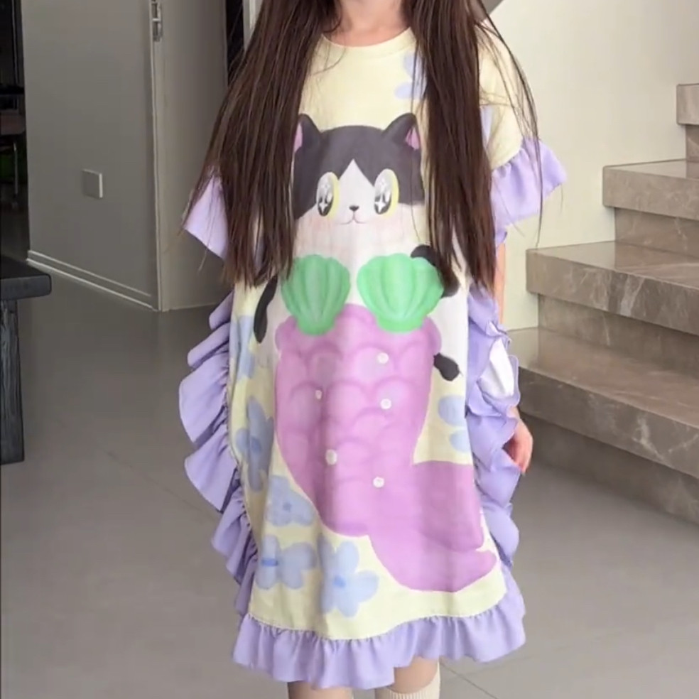 彩色卡通小猫连衣裙时尚个性荷叶边女童长款圆领洋气裙子夏季
