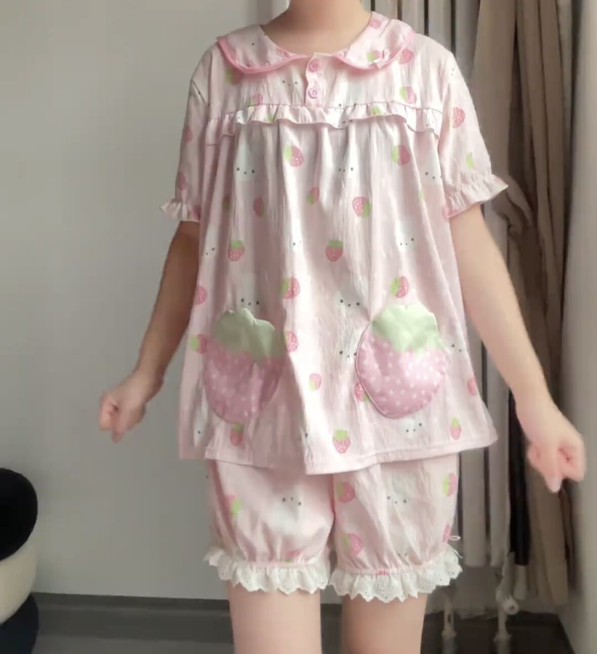 夏季新款甜美可爱草莓小兔睡衣女韩系短袖短裤宽松舒适家居服套装