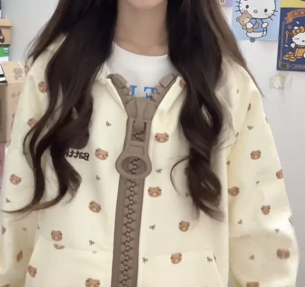 秋冬季可爱小熊满印大拉链连帽卫衣女宽松开衫外套甜美休闲上衣潮