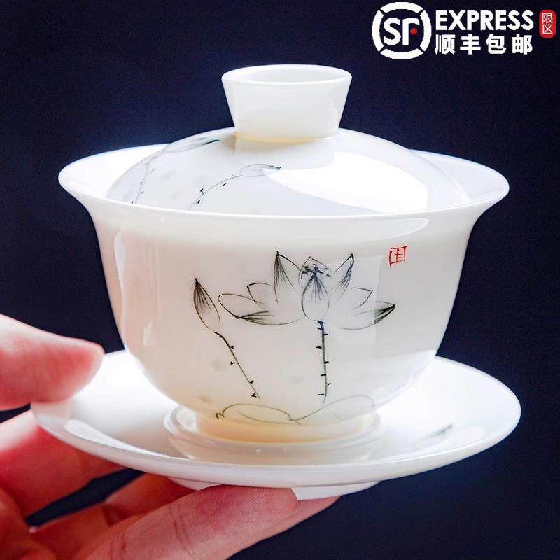 羊脂玉三才盖碗陶瓷功夫茶具茶杯套装德化白瓷手绘大号单个泡茶碗