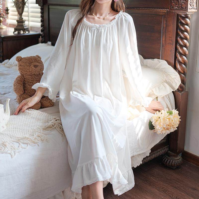 白色宫廷风仙女长袖长版洋装睡裙女春季新款纯棉宽松家居服睡衣