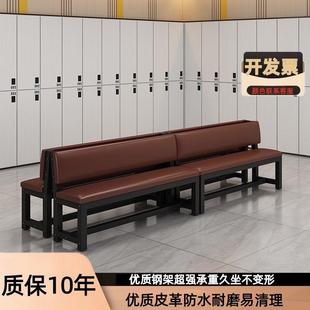 软包长条椅健身房休息区靠墙长条凳沙发带靠背长椅子理发店等候椅