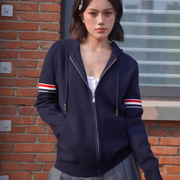 [TNOM BREMOE] 秋季新品男女同款双袖彩条针织拉链帽衫卫衣
