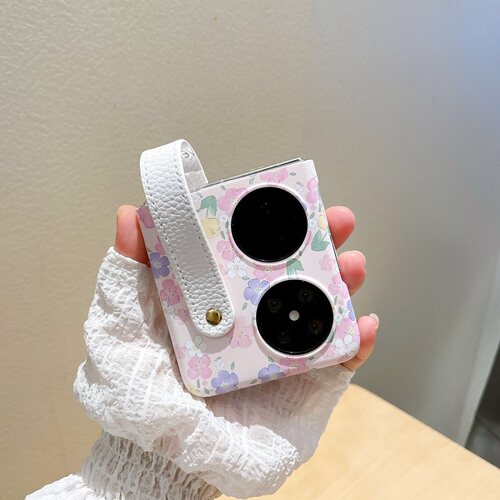 新款小碎花手提腕带适用华为pocket2手机壳vivo X Flip折叠屏OPPO Find N3 Flip肤感硬壳三星Z Flip6创意女款