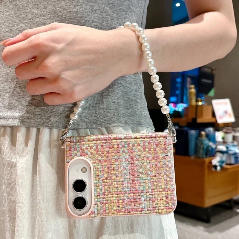 ins风彩色编织纹适用于苹果DUO折叠屏手机壳珍珠手链条iPhone duo保护套包中轴硬壳网红个性创意秋冬时尚女款