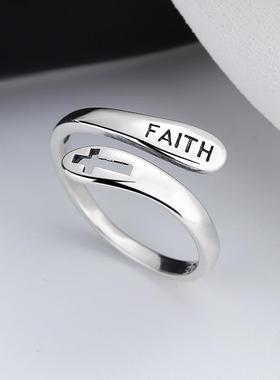 银戒指港风F信仰十字架戒ins韩版冷淡风饰品食指环女