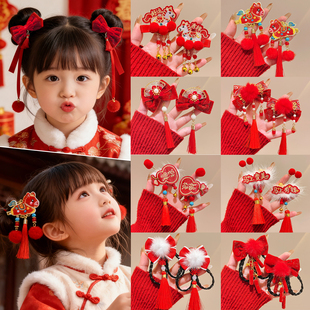 新年红色发夹古风儿童喜庆蝴蝶结发饰女孩过年发卡中国风汉服头饰