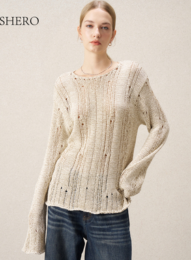 LE.SHERO原创设计时尚宽松抓破镂空毛针织衫女休闲显瘦慵懒风上衣