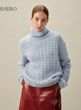 LE.SHERO原创设计upw纱线高领格纹羊毛针织毛衣女秋冬内搭上衣