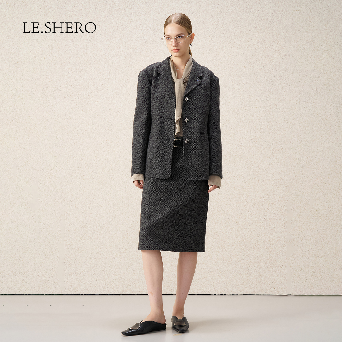 复古中山领排扣单面呢羊毛大衣