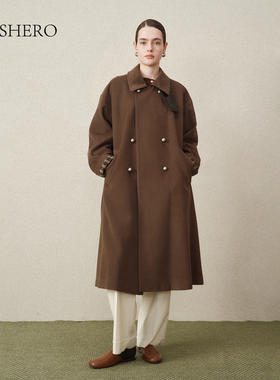LE.SHERO原创设计简约宽松拼皮立领优质羊毛双面呢长款手工大衣