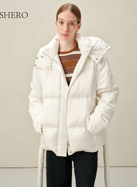 LE.SHERO原创设计中长款鹅绒外套女秋冬面包式绑带休闲羽绒