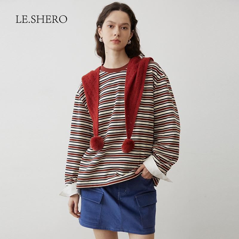 LESHERO假两件撞色长拼接条纹T恤