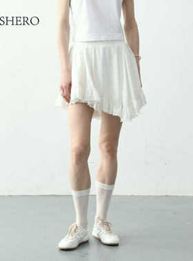 LE.SHERO公主白色半身裙女夏2025新款不规则休闲百搭a字蕾丝短裙