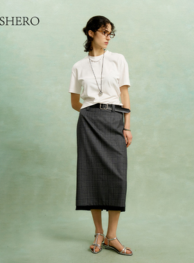 LE.SHERO复古格子直筒半身裙女春夏季新款简约百搭通勤裙子配腰带